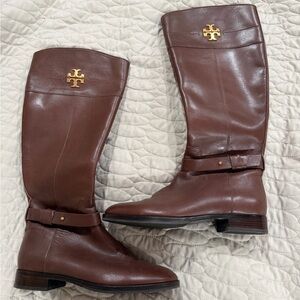 Tory Burch Chocolate Leather Boots with Gold Emblem